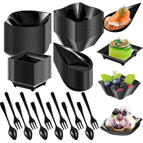 200 mini-assiettes à apéritif jetables avec cuillères et fourchettes bols à apéritif en plastique noir. (1/5)