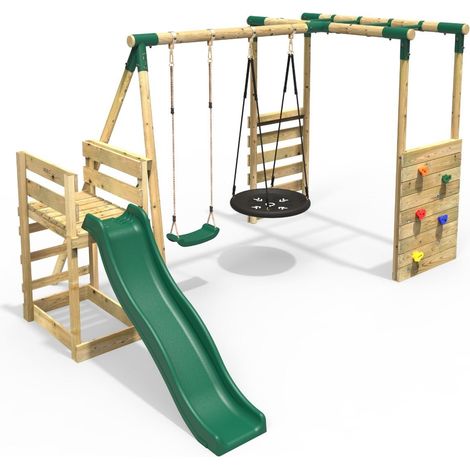 Rebo Wooden Children's Swing Set with Monkey Bars plus Deck & 6ft Slide - Double Swing - Satellite Green (1/5)