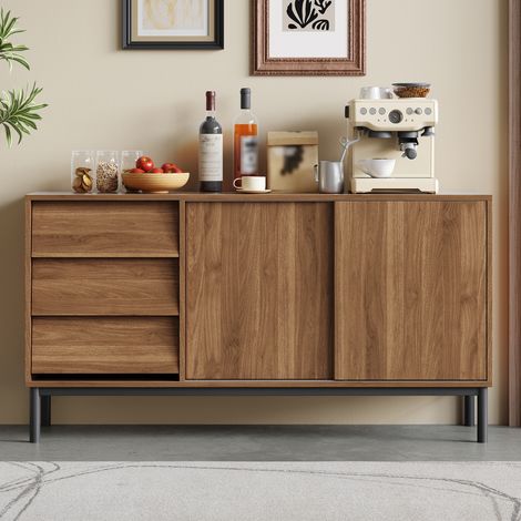 Buffet bas 150x40x80 cm, 2 portes coulissantes, 3 tiroirs, grand plateau, meuble de rangement en MDF effet bois naturel pour salon et salle à manger (1/5)
