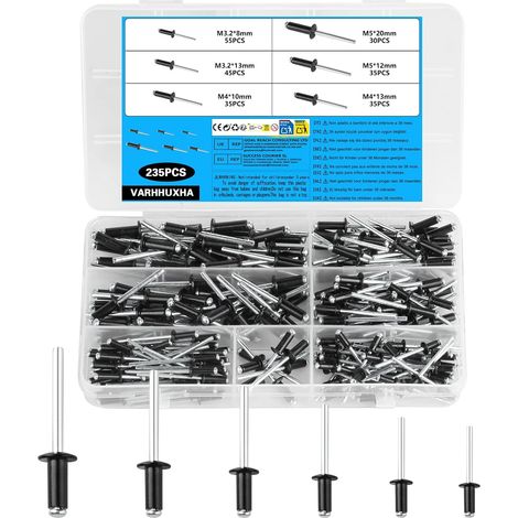 Rivets Pop, 235 Pcs, 3.2-5mm, Aluminium, Tête Large (1/5)
