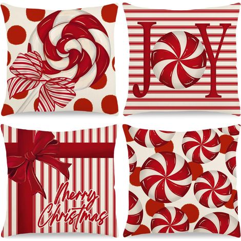 Juego de 4 fundas de cojín navideñas, 45x45 cm, estampado de caramelos rojos, para decorar tu sofá, cama o espacio interior/exterior durante las fiestas. (1/5)