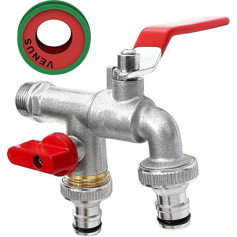 Robinet double de jardin, robinet en laiton, robinet double haut de gamme 3/4" BSP en laiton antirouille et antigel + 2 raccords de tuyau gratuits  Jardin, machine à laver (1/5)
