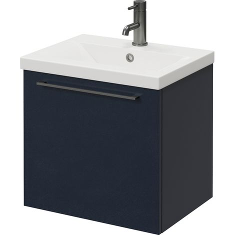 Napoli 390 Deep Blue 500mm Wall Mounted Single Drawer Vanity Unit with Glide Basin - 500mm - Gunmetal Grey 320mm Handle
