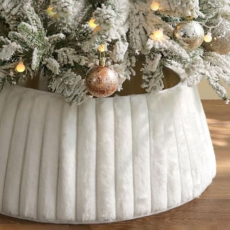 Jupe d'arbre de Noël en moelleux à rayures verticales encadrement collier réutilisable décoration vacances 1pcs Tissu (1/5)