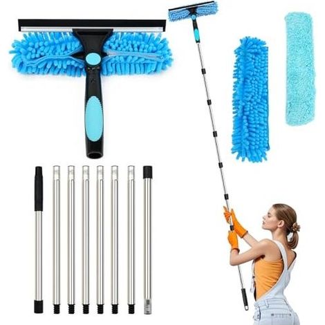 Lave-vitres extensible de 3.1 m, appareil de nettoyage de vitres 2 en 1, outil de nettoyage télescopique pour vitres hautes et vitres de voiture (1/5)