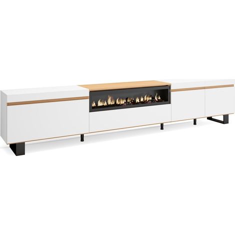 Skraut Home - Meuble TV, Banc Télé, Grand espace de Rangement, 288x35x57 cm, TV grand format, Cheminée électrique, Design industriel, Style moderne, Blanc et Chêne Soft (1/5)