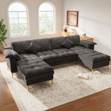 Canapé d’angle modulable U 262x134x86 cm en chenille gris, pour salon moderne FLORAGRACE (1/5)