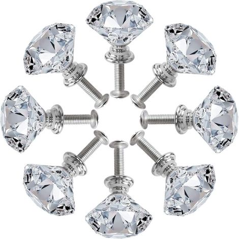 Lot de 8 boutons de porte d'armoire en cristal argenté, en alliage de zinc taillé au diamant avec boutons à vis pour placards, armoires, tiroirs, commode, décoration intérieure (1/5)