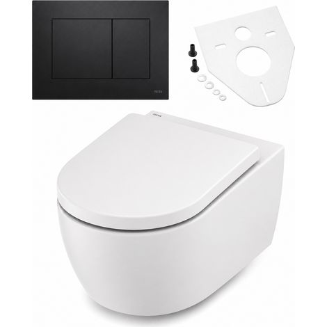 BADfabrik24 TECEloft Set, WC-Keramik mit cyclon flush und WC-Sitz im klassisch-hohen Design+TECEnow WC-Betätigungsplatte schwarz matt+Montageset für Wand-WC/Bidet