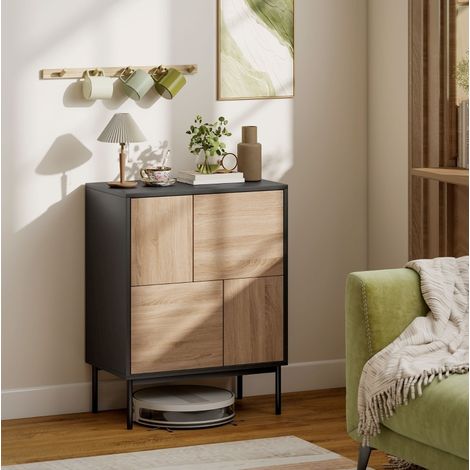 Aparador de madera y metal negro con puertas push-to-open, 4 compartimentos cerrados y patas metálicas (1/4)