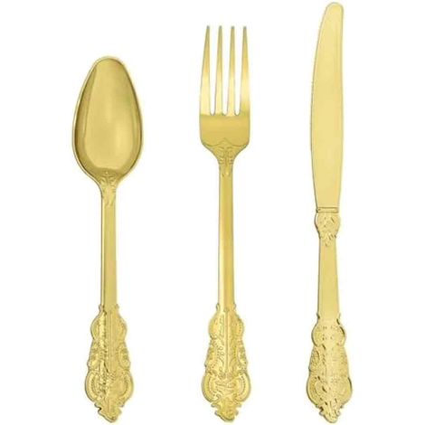 Ensemble de 300 couverts jetables en plastique doré – Couverts robustes (100 fourchettes, 100 cuillères, 100 couteaux), design vinta (1/5)