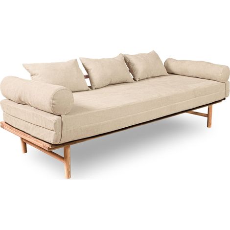 Canapé Lit Convertible Design en Tissu Beige et Bois - 140 x 200 cm - Bois clair et Beige (1/5)