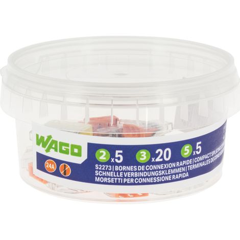 Wago – Pot de 30 bornes de connexion automatique 2,3 et 5 entrées – Type PUSH WIRE® – Tension 400V – Courant 24A – Boîtier transparent - S2273