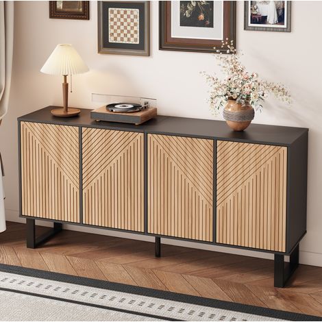 Aparador 160/38/75 cm negro y madera natural con puertas en relieve y estructura de hierro (1/5)