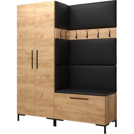 Meuble d'entrée Nomal I, Craft chêne, 196x158x44cm, Stratifié, Faux cuir, À poser, Murale