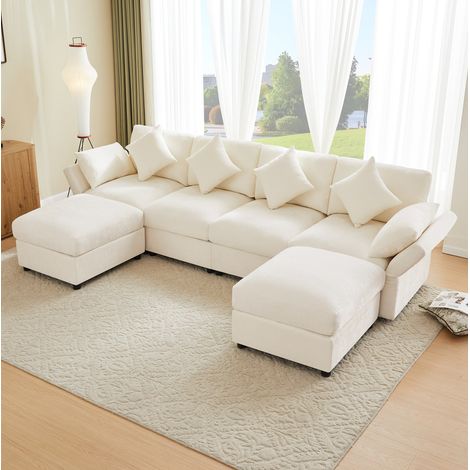 Divano dritto modulare in tessuto felpa (chenille), con 2 pouf, 4 cuscini, 2 poggiatesta e braccioli regolabili, beige, 284x156,5x86 cm (1/5)