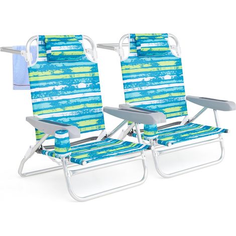 COSTWAY Set di 2 Sedie Pieghevole da Spiaggia, Lounge Sdraio con 5 Posizioni Regolabili, Poltrona da Mare con Cuscino, Porta Asciugamano, Braccioli & Portabicchieri, Portata 150 kg (Verde) (1/5)
