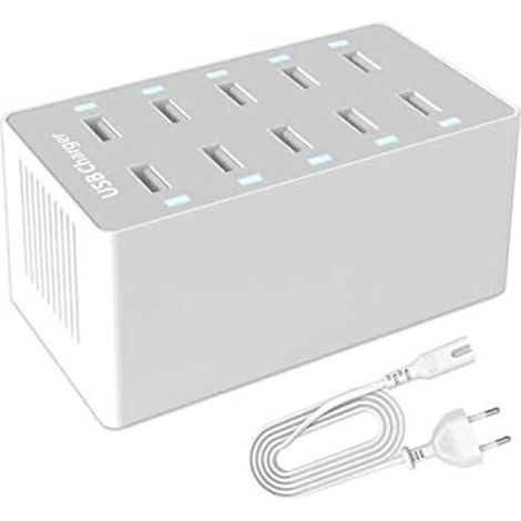 Station de Charge USB, hub Chargeur USB de 50 W à 10 Ports, Chargeur USB multiport avec Smart Detect, Compatible avec iPhone, Galaxy, Tablette iPad et Autres appareils de Charge USB