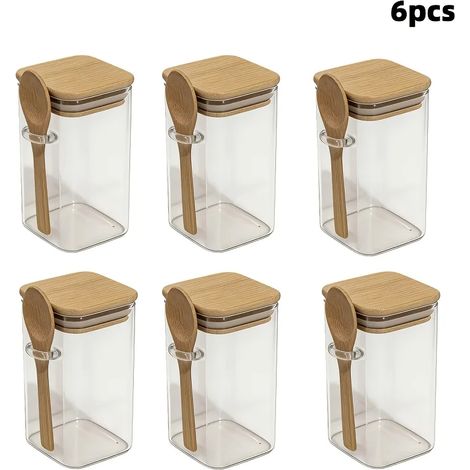 (6 pièces) Bocaux de rangement carrés en verre hermétique avec couvercles en bambou et cuillères, adaptés pour conserver les épices, le sucre et le café dans la cuisine. (1/5)