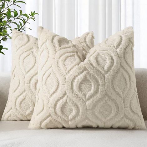 Lot de 2 housses de coussin décoratives d'automne 45 x 45 cm en fausse fourrure beige unie, housses de coussin carrées douces et neutres pour canapé-lit et salon. (1/4)