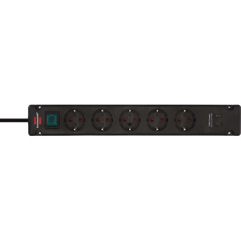 Brennenstuhl Bremounta Regleta de enchufes con 5 Tomas y función de Carga USB C (Regleta con Interruptor, eléctrica de Pared, 2X USB C y Cable de 3m) Negro