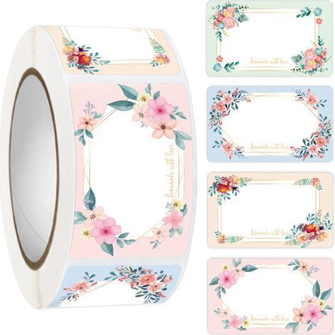 2000 feuilles/4 rouleaux d'autocollants rectangulaires à motifs floraux, utilisables comme étiquettes manuscrites, pour une décoration raffinée d'emballages cadeaux. (1/4)