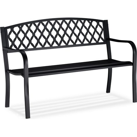 Relaxdays Banco Jardín y Terraza de 2 Plazas con Diseño Enrejado, Hierro Fundido y Acero, 86,5 x 127,5 x 58,5 cm, Negro