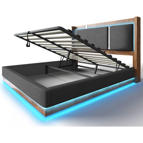 Lit double 140x190 cm rembourré gris avec sommier, LED et coffre hydraulique, sans matelas (1/5)
