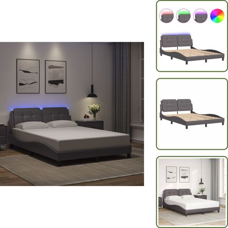 The Living Store Cadre de lit avec LED sans matelas gris 140x190 cm - Lit Plateforme - Lit Design - Lit Avec Éclairage Led - Cadre Lit Gris - Tête De Lit Rembourrée (1/5)