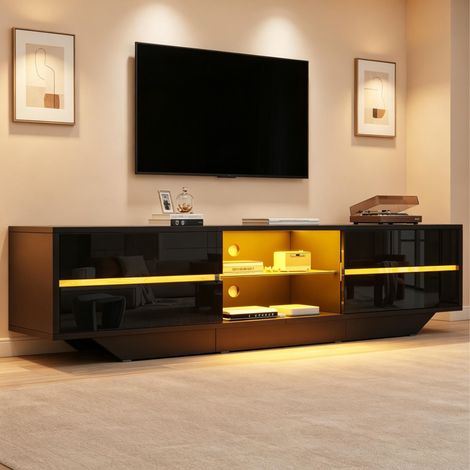 Mueble TV (160x35x44.5 cm), con LED RGB, 4 compartimentos, acabado brillo, aglomerado negro (1/5)