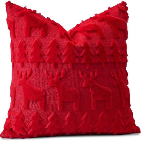 Weihnachtskissenbezug 45×45 cm – weicher Plüsch aus kurzer Wolle, luxuriöses Rot mit Weihnachtsbaum und Elch (1 Stück) (1/5)