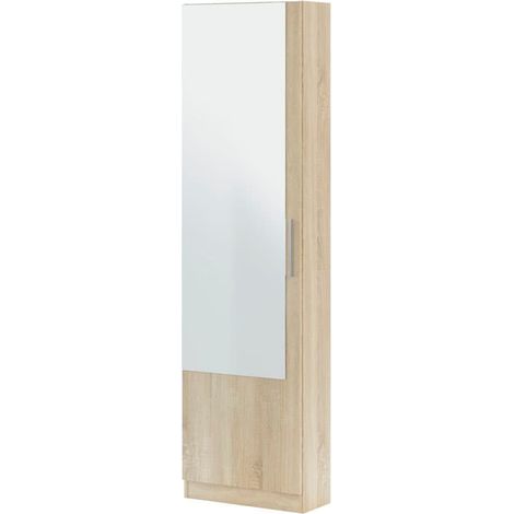 Étagère à chaussures avec miroir d'entrée coloris chêne canadien - Hauteur 180 x Longueur 50 x Profondeur 22 cm