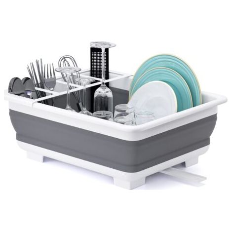 Pair Égouttoir à vaisselle pliable avec porte-ustensile parfait pour les propriétaires ou le camping, résistant à la déchirure, conception peu encombrante, pieds antidérapants, Gris 36.5×31×12CM (1/5)