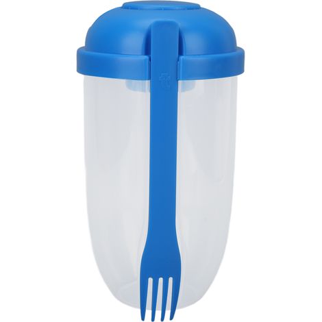 Saladier bleu portable avec fourchette, récipient de salade fraîche pour petit-déjeuner sain, lot de conteneurs repas pour légumes et salades. (1/5)