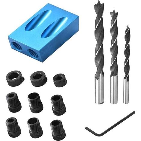 Juego de 14 piezas: Guía de perforación，con adaptador de agujeros de 6/8/10 mm，6,7 x 3,8 x 1,8 cm，14 piezas，madera，negro，10 mm，azul (1/5)