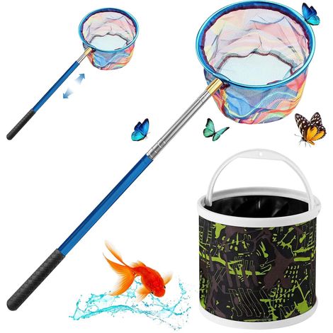 Épuisette Pliable Rétractable Télescopique 150 cm Avec Seau - Épuisette De Pêche Pour Étang, Aquarium, Piscine - Noir (1/5)