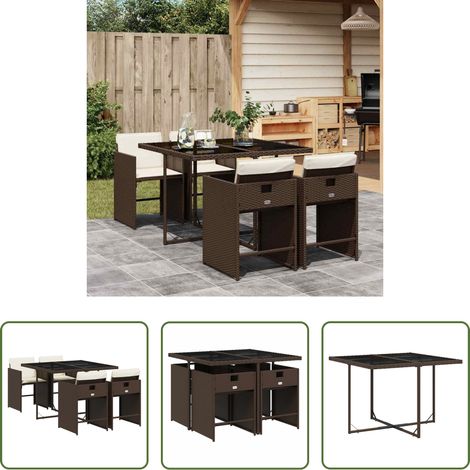 Chaises de jardin - Ensemble à manger de jardin 5 pcs et coussins marron poly rotin (1/5)