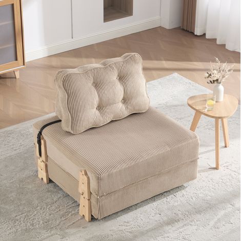 Sillón cama plegable, convertible en cama, con respaldo acolchado, madera clara y cordón color khaki (1/5)