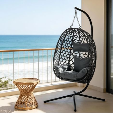 Fauteuil suspendu 105x105x195 cm en métal et rotin PE gris foncé, modulable pour salon FloraGrace (1/5)