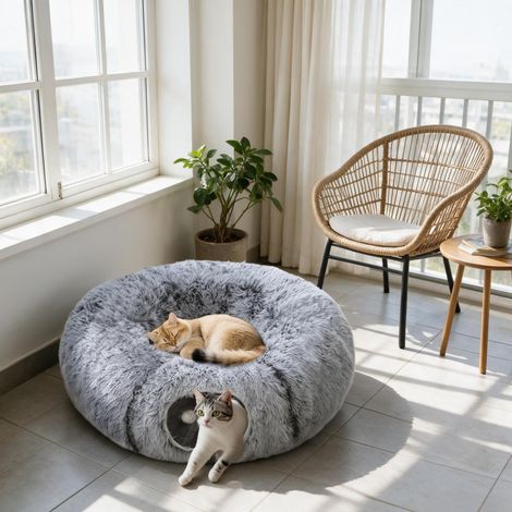 Túnel para gatos 2 en 1 con cama donut gris y cojín extraíble lavable (1/5)
