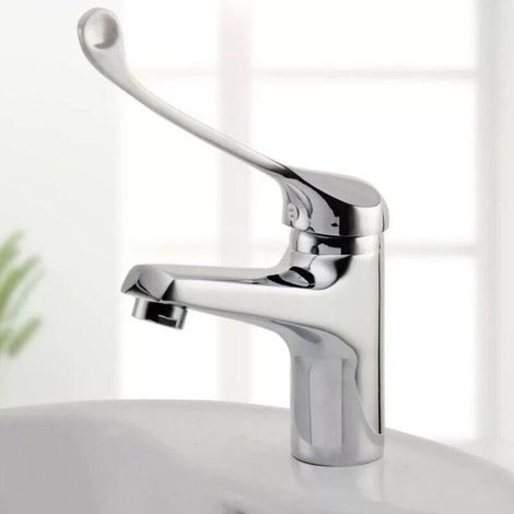 Robinet d'eau chaude et froide en cuivre de qualité médicale, longue poignée, pour lavabo, montage sur plage, robinet de lavabo à serpillière tactile coudé, argent (1/5)