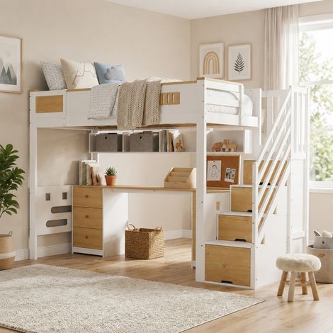 Hochbett 90 x 200 cm mit Schreibtisch, Schubladen und Stauraum-Treppe, weiß und Naturholz HAVRYA (1/5)