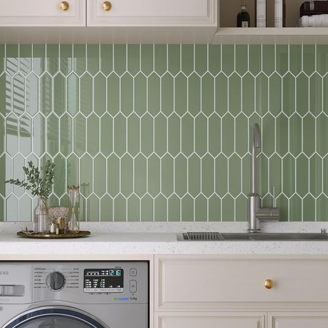 3D Stickers Muraux Cuisine Hexagone Long Vert Sauge 30.5cmx30.5cm 10 Pièces Carrelage Salle de Bain Adhesif Mural Decoratif Credence Adhesive pour Cuisine Autocollant Cheminée Laverie (1/5)
