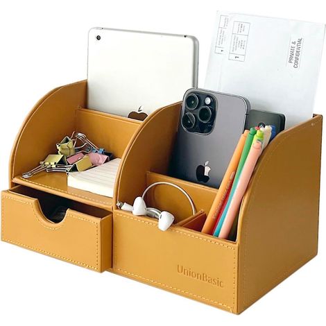 Unionbasic Schreibtisch-Organizer, multifunktionaler Schreibtisch-Organizer aus Leder, Stiftehalter – Business, Karten-/Stifte-/Handy-/Schreibwarenhalter, StoraMineral Gelb (1/5)