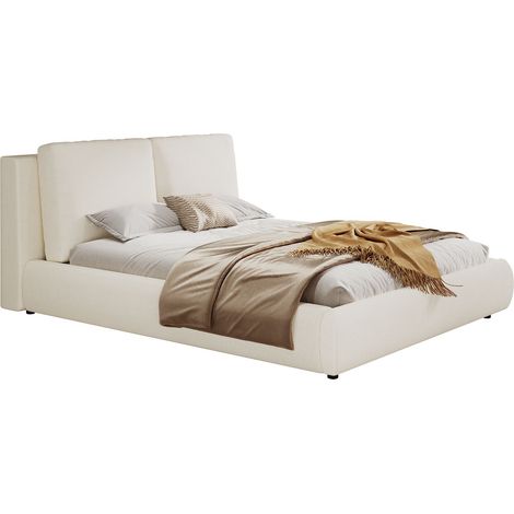 Polsterbett Doppelbett aus Bouclé mit Geneigtem Kopfteil und Stauraum, ohne Matratze, Beige (1/5)