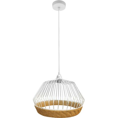 Hugo Weiß/Natur Metall und Rattan Pendelleuchte 1xE27 (3772xØ25x25cm)