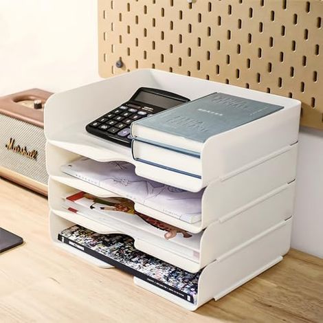 Panier de Rangement à Quatre Niveaux A4, bac à courrier Multifonctionnel et bac à Documents en Plastique Pet, Organiseur de Bureau empilable (Blanc) (1/5)