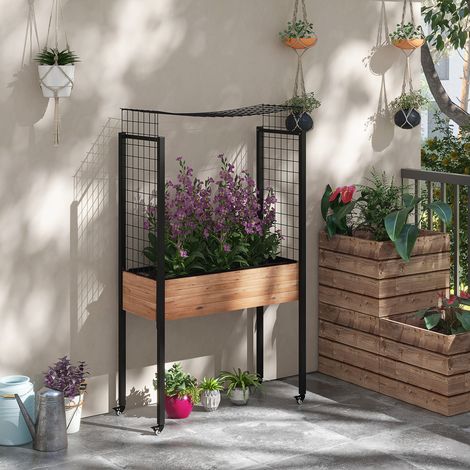 Giardino urbano rialzato con traliccio, tavolo da fioriera con ruote e fori di drenaggio per piante, 110x49x190 cm, marrone (1/5)