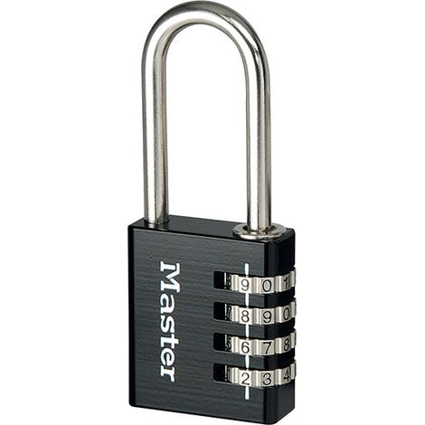 Master Lock 7640EURDBLK Programmable Combination Padlock with Long Shackle, 40mm Diameter, 51mm Height, Black Aluminum, 4-Digit Code, Ideal for Security and Travel