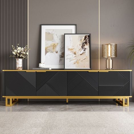 Meuble TV 160 x 37 x 48 cm quatre portes design unique texture géométrique format bas (1/5)